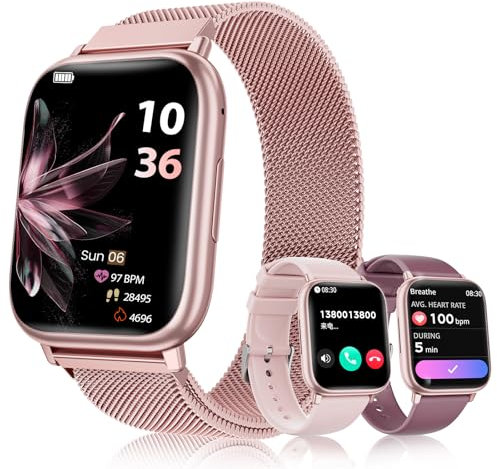 Smartwatch Damen, 1.83 Touchscreen Fitnessuhr, mit Telefonfunktion Smart Watch Fitness SpO2 Blutdruckmessung Schlafmonitor Pulsmesser Schrittzähler 120+ Sportmodi, für Android iOS (pink gold)