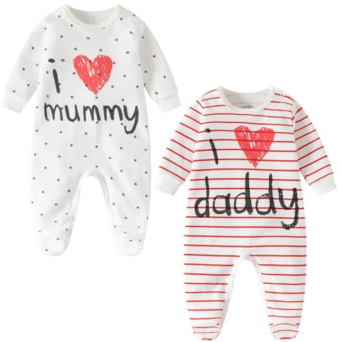 Lullaby Layers Unisex Baby Sleepsuits 2 Pack – I Love Mummy & Daddy Cotton Footed Rompers – Newborn to 24 Months Baby Bodysuits for Boys and Girls (White, Preemie)