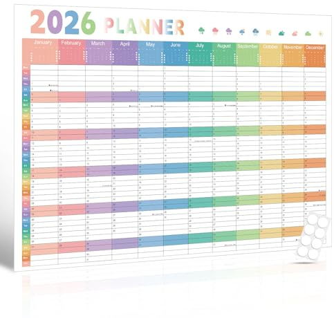 Wall Planner 2026 - A1 (84.1 x 59.4cm) - Double-Sided Laminated Yearly Schedule Calendar with 8 Stickers, Folded Packaging, Home Office School Wall Organiser, Month in columns & Aligned weekend, Vivid