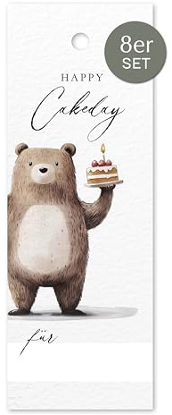 NORDEULE® Geschenkanhänger Geburtstag 8 STÜCK | Anhänger aus Naturkarton mit Aquarellmotiv | ideal für Geburtstag Grüße Mitbringsel Feste Jubiläum (Bär)