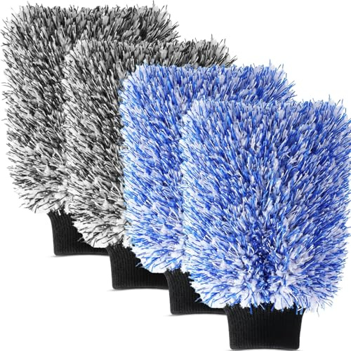 Ferrochef 4 Pack Microfiber Car Wash Mitts Set 10x7 Inch Soft Suede Lining Car Wash Gloves, Highly Absorbent Scratch-free Cleaning Cloths for Auto Detailing, Safe with All Soaps, Bucket (Blue & Black)