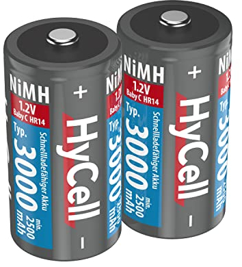 HyCell Piles Rechargeables NiMH Baby C 3000 mAh 1,2V (2 pces) – Piles HR14 pour Lampes Torches, Jouets électroniques, Station météo, etc. – Accumulateurs de qualité supérieure
