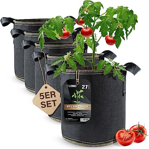 lohag® Premium Vliesstoff-Pflanzsack - 27 Liter, 5er Pack | Perfekt für Kräuter, Blumen, Gemüse & Zimmerpflanzen | Robuste, Wiederverwendbare Pflanzbeutel - Die Gesunde Alternative zum Blumentopf