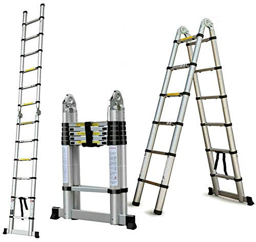 3.8M/1.9+1.9m Aluminum Extension Ladder Foldable Telescopic Ladder Portable A-Frame Climb Ladder Multi-Purpose Attic Loft Ladder w/Support Bar, 150kg Max Load Capacity for Indoor Outdoor Use, EN131
