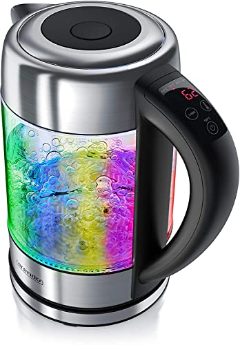 Arendo – Nuovo Bollitore elettrico LED RGB in acciaio inox e vetro con regolazione della temperatura - 1,7l - Funzione Sterilizza - BPA free – L’acqua si colora ad ogni soglia di temperatura – OFFERTA