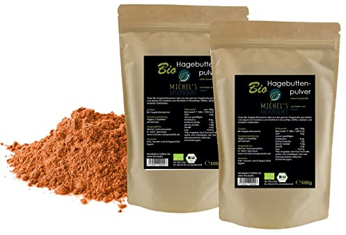 Michel´s Naturprodukte BIO Hagebuttenpulver (Rosa Canina), 1kg (2x500g) - Mikrofein gemahlen aus ganzen Hagebutten, 100% naturreines Hagebutten Pulver, Ohne Zusatzstoffe, Vegan