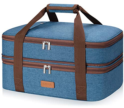 LHZK Double Decker Insulated Casserole Carrier for Hot or Cold Food, Expandable Hot Food Carrier, Lasagna Holder Tote for Potluck Parties, Picnic, Beach, Fits 11 x 15 or 9 x 13 Baking Dish (Blue)
