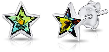 DTPsilver® Petites Boucles/Clous d'Oreilles en Argent Fin 925 - Étoile en Cristaux de Swarovski® Elements - Diamètre: 7 mm - Couleur: Vitrail Medium