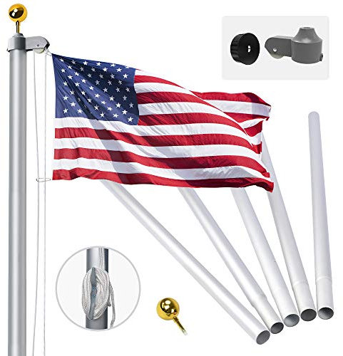 20FT Sectional Flag Pole Kit,14 Gauge Extra Thick Heavy Duty Aluminum Flagpole Rope and Clips Kit Fly 2 Flags, Outdoor Inground Large Flag Poles with 3x5 USA Flag for Yard, Residential or Commercial