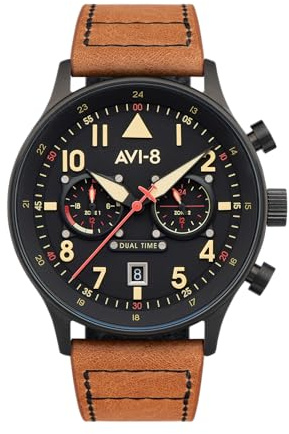 AVI-8 Herren 43.5mm Hawker Hurricane Carey Dual Time Debden Japanische Quarz-Fliegeruhr mit Lederarmband AV-4088-03