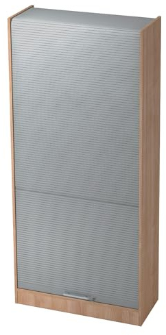 bümö Rollladenschrank in Nussbaum/Silber mit Relinggriff - Vertikal Jalousieschrank 90 cm breit, Aktenschrank abschließbar, Büroschrank für Ordner & Co.