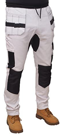 HASHOOB Mens Fleece Work Trousers Painters Decorators White Cargo Combat Pants WF-01 (White-FL2, L)