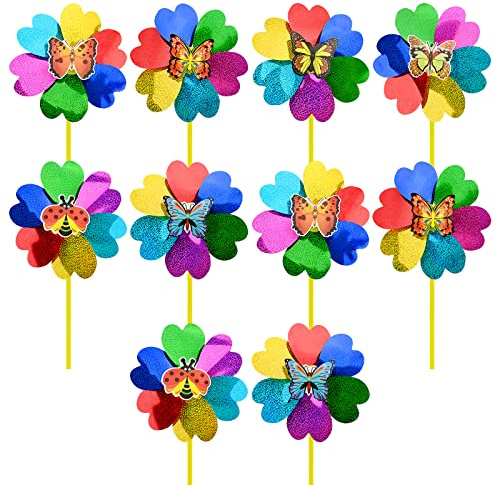 10 Pcs Rainbow Pinwheels Outdoor Garden Pinwheels Colorful Flower Wind Spinners Plastic Bird Repellent Windmill for Bird Scarer DIY Yard Lawn Party Decoration (A)