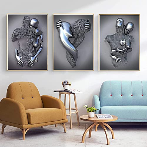 3D Metallfigur Statue Kunst Liebe Herz Kuss Bilder Wandkunst Wohnzimmer Wanddekoration - Ohne Rahmen (Poster-01,50X70cm*3)