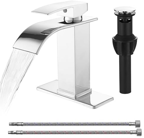 Homevacious Waterfall Bathroom Faucet Chrome Single Handle for 1 or 3 Hole Bathroom Sink Faucet Washbasin Faucets with Deck Pop-up Drain and 2 Supply Hoses for Lavatory Vanity - Chrome