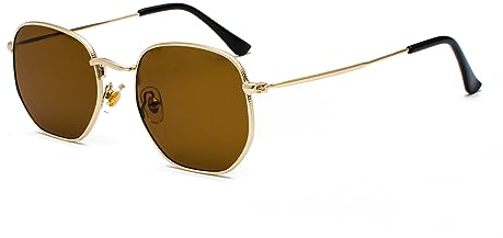 WDZAYXC Mode polygonale Sonnenbrille für Damen und Herren,Leicht Metallrahmen Brille，UV400 Schutz(Gold/Braun)