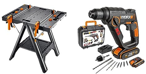 Pack Worx WX051 | WX390.1 | Mesa de Trabajo Plegable y Martillo Ligero SDS Plus | 2 baterías - 20V Máx. 2Ah | Cargador |