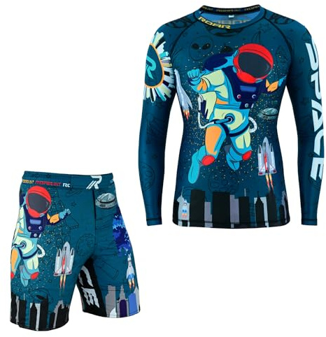ROAR-INT MMA Rash Guard & BJJ Shorts Set Kids Fight Training Grappling Wear Jiu Jitsu Gi Trunks Outfit Set (Standard, X-Small, Space-2Pcs-Set)