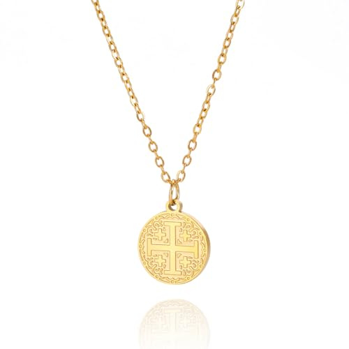 EUEAVAN Croisés de Jérusalem Croix Pendentif Collier Jérusalem Médaillon Disque Grec Religieux Médiéval Bijoux Baptême Cadeau Femmes Hommes, m, Acier inoxydable, Il ne s'agit pas d'une pierre