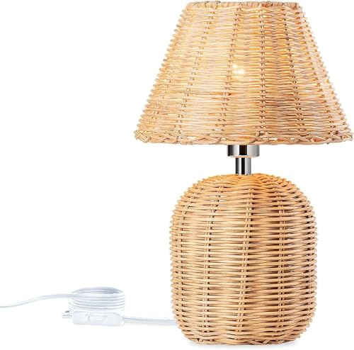 Tischlampe Rattan aus Bambus E14 Nachttischlampe mit Stecker und Schalter Retro Natur Leselampe Handgefertigte Gewebte Laternenschirm Tischleuchte mit 1.5M Kabel für Schlafzimmer Wohnzimmer Esszimmer