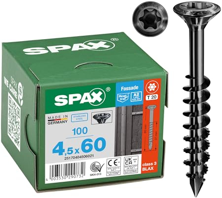 SPAX Fassadenschraube, 4,5 x 60 mm, 100 Stück, Teilgewinde, Linsensenkkopf, T-STAR plus T20, CUT-Spitze, Edelstahl rostfrei A2 BLAX - 25170404506021