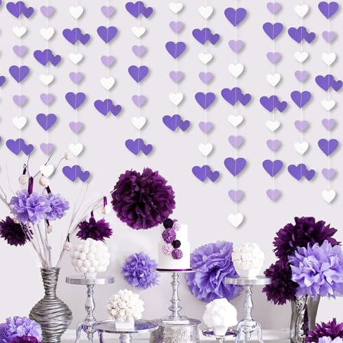 QeeFop Papier Girlande Deko, 52Ft Weiß Lila Herz Girlande Hochzeit Deko Doppelseitig Metallisches Papier Hängende Girlande für Hochzeit, Geburtstag, Brautparty Deko (Weiß+Lila)