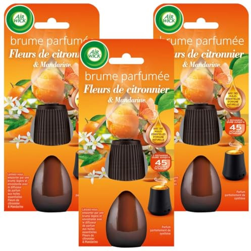 AIR WICK Lot de 3 Recharges Diffuseur désodorisant d’Huiles Essentielles Brume Parfumée Fleur de Citronnier & Mandarinier 20 ml