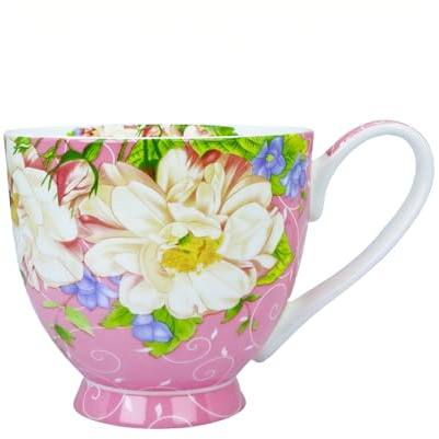 YUESITE 16oz Bone China Coffee Mugs for Women Mugs Flora Coffee Tea Cups Novetly Coffee Cups Gift for Women Mom Friends (Pink Magnolia) | Elegant Bone China Floral Mugs， Floral Teacups, Microwave and Dishwasher Safe, Ideal for Coffee, Women, Mom & Friends