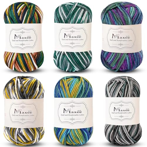 Maxee Handstickgarn, 6 x 50 g, virkgarn, färgglatt akrylgarn med färggradient, mjuk ull för stickning och virkning, flerfärgat garn för pyssel