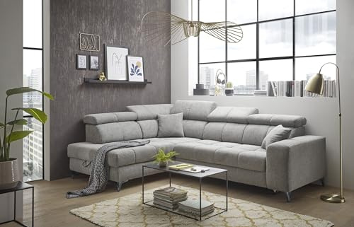 möbelando Ecksofa >Sydney< Elektrische Sitztiefenverstellung, 5 verstellbare Kopfstützen, Bettkasten, Bezugsstoff Taupe - 282x105x198 (BxHxT)