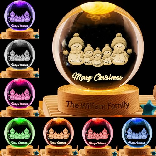 Bola de Cristal Personalizada de Muñeco de Nieve Con Texto y Nombre de Familia - Luz Nocturna de Navidad