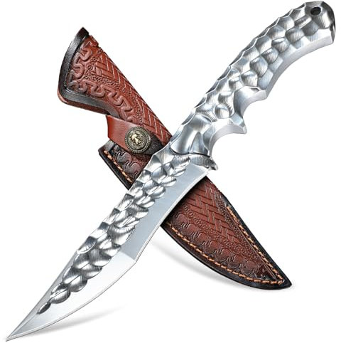 Japaknives Outdoor Messer Survival VG10 Stahl Jagdmesser Feststehende Klinge Full Tang Bushcraft mit Lederscheide for Wandern Abenteuer
