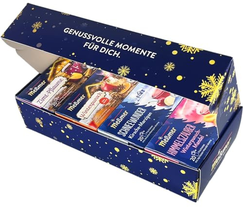 Meßmer Tee Geschenkbox Wärmende Winterzeit | 4 Sorten Früchtetee à 20 Beutel | Zimt Pflaume, Schneewunder, Winterpunsch, Himmelszauber