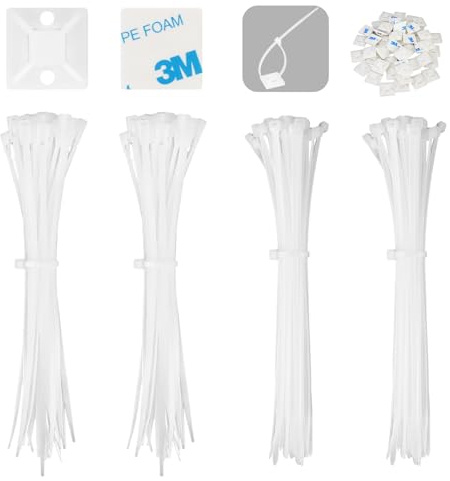 Juego de 200 bridas (200 mm x 4 mm), 100 bridas de nailon reutilizables, 100 bridas de nailon no reutilizables con soporte base para gestión de cables, jardinería, oficina