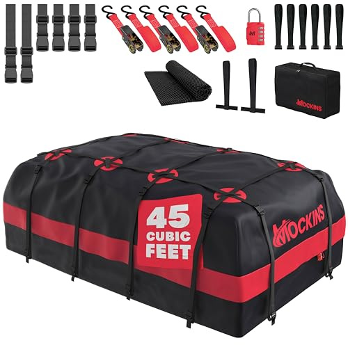 Mockins 45 CuFt XL Waterproof Rooftop Cargo Carrier Bag | 75x48x22 Heavy-Duty Car Roof Cargo Carrier for Use with or Without Roof Rack | All-Weather Car Bag with Mat, Lock, Hooks, Straps & Case