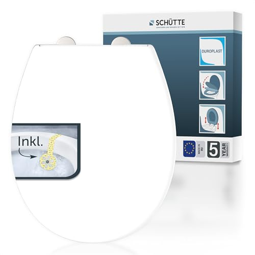 SCHÜTTE Duroplast WC-Sitz WHITE, Made in Europe, mit Absenkautomatik und Schnellverschluss,inklusive Duftstein,Abnehmbarer Klodeckel aus bruchsicherem Duroplast,Toilettendeckel bis zu 250 kg belastbar
