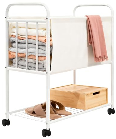 Ninmaofly Laundry Basket with Wheels, Compact Rolling Laundry Cart, Dirty Clothes Washing Hamper Trolley with Metal Frame & Leather for Home Hotel Dorm (White)