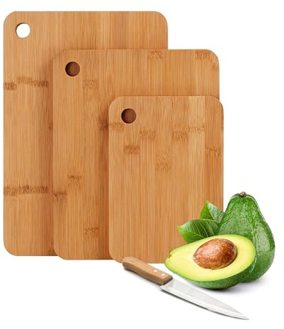 Relaxdays, Ensemble de 3 Planches à découper en Bambou, avec Trou de préhension, 3 Tailles, largeurs de 22 à 33 cm.