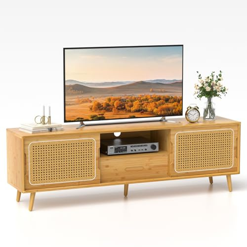 Estiliza TV Schrank, Lowboard, TV Schrank mit Aufbewahrung, für Fernseher bis zu 55 Zoll, 140 cm lang, Fernsehtisch, Fernsehhalter mit Abstellräumen und Schublade, Wohnzimmer, Natur