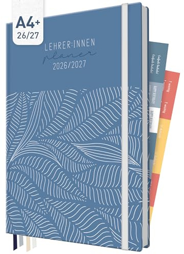 Häfft® Lehrer-Planer Maxi 2026/2027 im A4+ Format Fine Leaves Blue | Großer Lehrerkalender & Schulplaner für das Schuljahr 26/27 – Hardcover mit 4 Lesebändchen, Notenlisten & Stickern