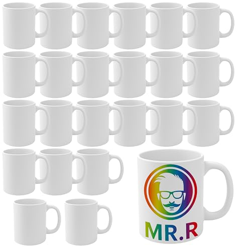 MR.R Set di 24 tazze da caffè in ceramica bianca a sublimazione per lavastoviglie, 325 ml, in ceramica, classiche, per latte, tè, cola, acqua
