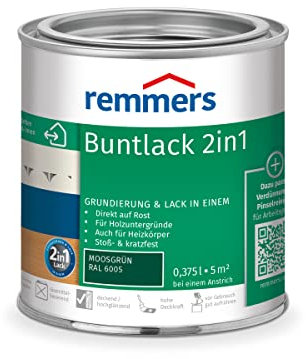 Remmers Buntlack 2in1 moosgrün (RAL 6005), 0,375 Liter, Buntlack für Holz, Eisen, Stahl, inkl. Grundierung und Rostschutz, innen und außen