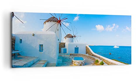 Panorama Bilder auf Leinwand 100x40cm Leinwandbild Griechenland Insel Küste Haus Groß Wanddeko Bild Schlafzimmer Wandbilder Dekoration Wohnzimmer Wall Decor Canvas Wand Kunstdruck Art AB100x40-2424