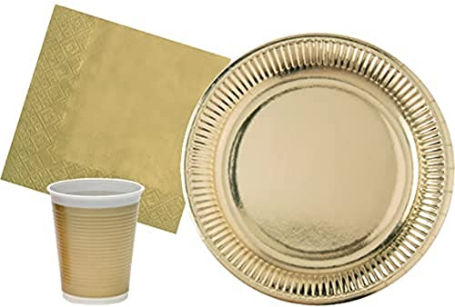 Kit Party Tavola Oro Gold per 24 persone (94 pezzi: 30 piatti carta Ø23cm, 24 bicchieri plastica 200ml, 40 tovaglioli carta 33x33cm)