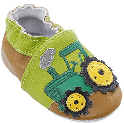 Mjuka babyskor i läder med mockasiner mockasulor för småbarn, småbarn, pojkar, flickor, prewalker, skor, Grön traktor, 6-12 månader