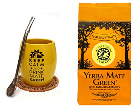 Mate Green Tasse à thé en céramique jaune avec une capacité, Bombilla 15,5 cm en acier et thé aux fruits | cire naturelle et booster d'énergie avec caféine | Céramique | Confortable à utiliser