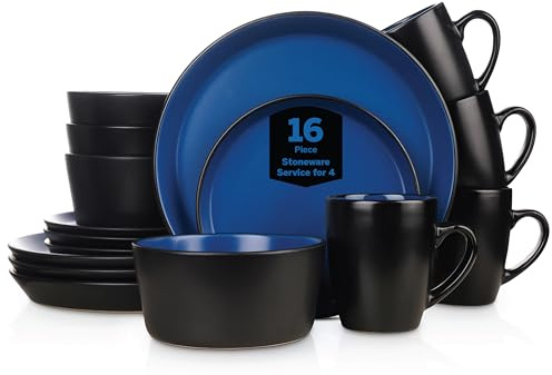 Stone Lain Albie Stoneware 16-Piece Modern Dinnerware Set, Kitchen Plates and Bowls Sets, Service for 4, Blue and Black, Microwave & Dishwasher Safe