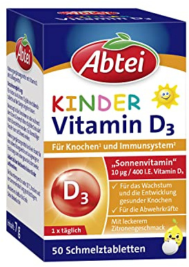 ABTEI Kinder Vitamin D3 Schmelztabletten - Knochen & Immunsystem - 50 St. | Vitamin D3 Kids 400 I.E. für Kinder ab 4 Jahren, Sonnenvitamin mit Zitronengeschmack, vegetarisch