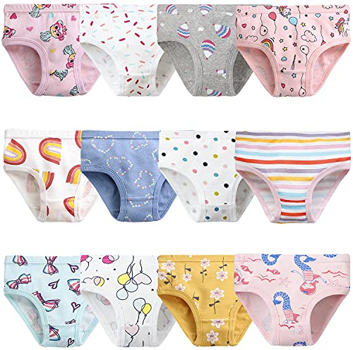 Adorel Braguitas Slips Algodón Puro Ropa Interior Niña Pack de 12 Lunares y Rayas y Corazón 5-6 Años (Tamaño del Fabricante 130)
