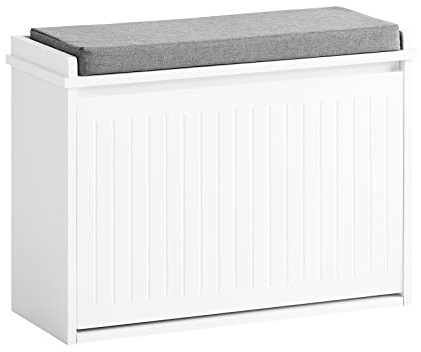 SoBuy Schuhschrank Schuhbank mit Sitzfläche, Schuhregal mit Stauraum, Klappe, Sitzkissen, bis 150 kg belastbar, für Flur, Wohnzimmer, 62x46x26 cm, Weiß, FSR98-W